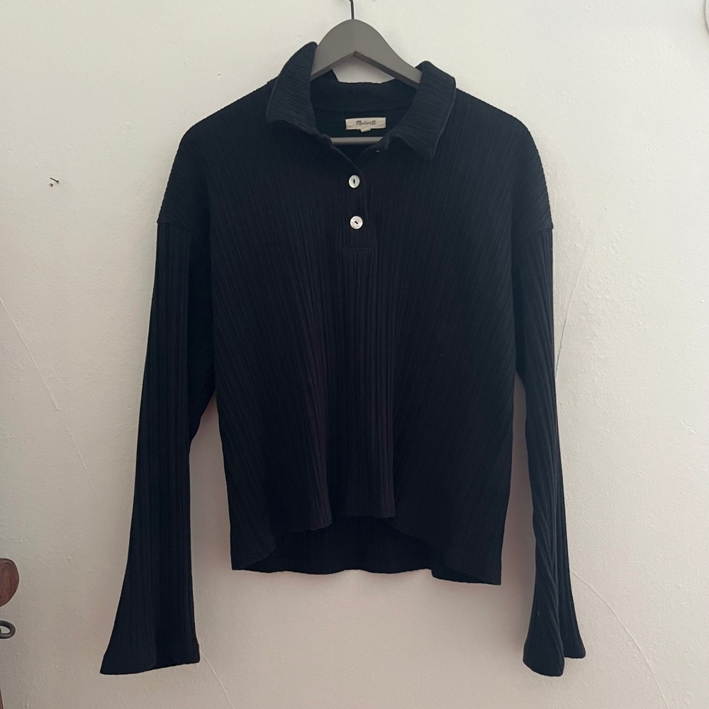 Madewell Women's Variegated Rib Boxy Polo Shirt Black Size M